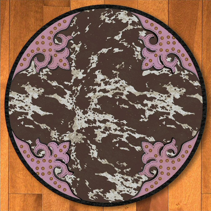 8' Fancy Cowhide Brown and Pink Western Round Rug