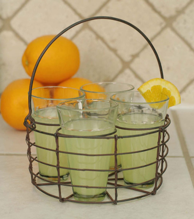 Green Rust Round Wire Basket with Four Glasses