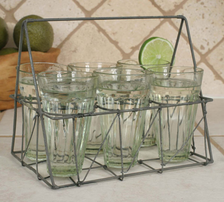 Galvanized Rectangular Wire Basket with Six Glasses