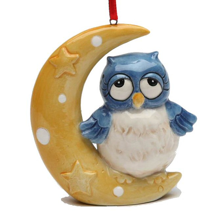 Christmas Owl on the Moon Tree Ornaments by Laurie Furnell, Set of 4