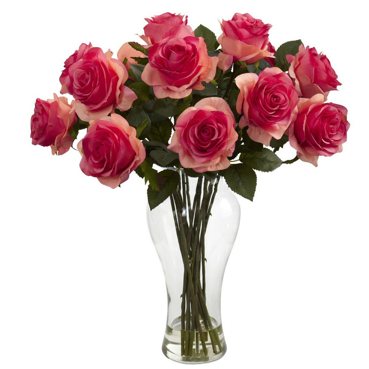 Blooming Dark Pink Roses Silk Flower Arrangement with Vase