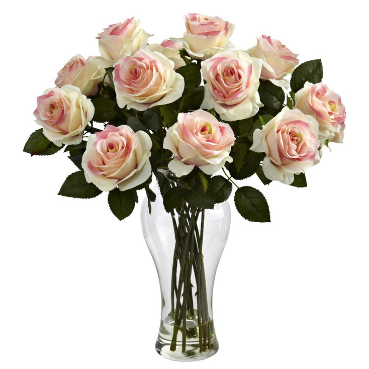 Blooming Light Pink Roses Silk Flower Arrangement with Vase