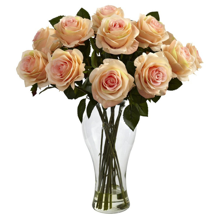 Blooming Peach Roses Silk Flower Arrangement with Vase