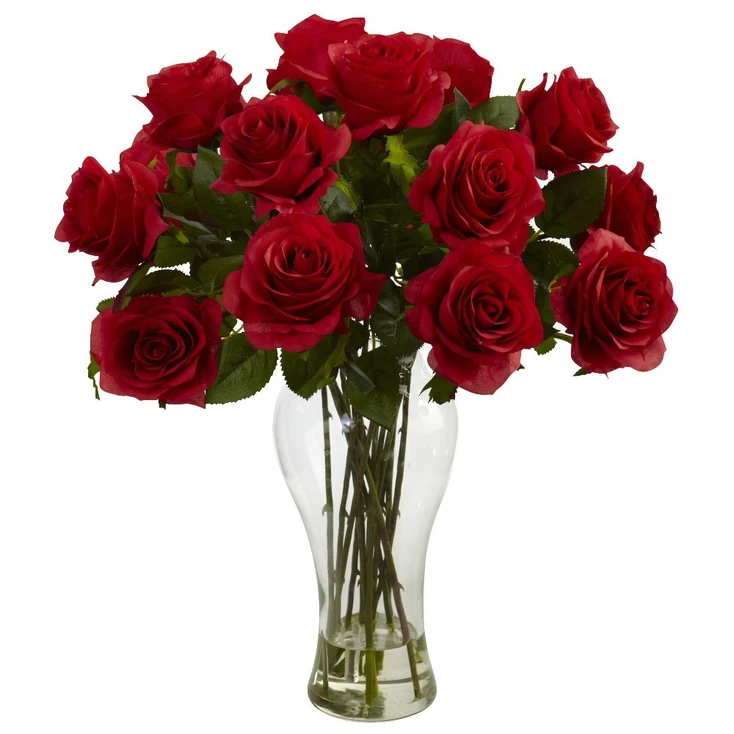 Blooming Red Roses Silk Flower Arrangement with Vase