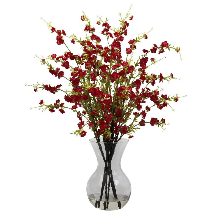 Red Cherry Blossoms with Vase Silk Flower Arrangement