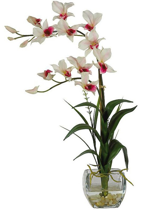 Dendrobium with Glass Vase Silk Flower Arrangement - White