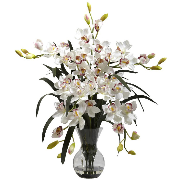 Large White Cymbidium Silk Flower Arrangement with Vase