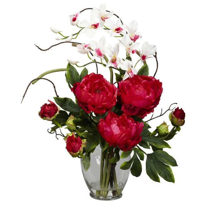 Peony & Orchid Silk Flower Arrangement - Red