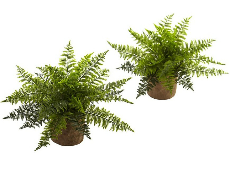 15" Ruffle Fern Bush Silk Plant with Burlap Base, Set of 2