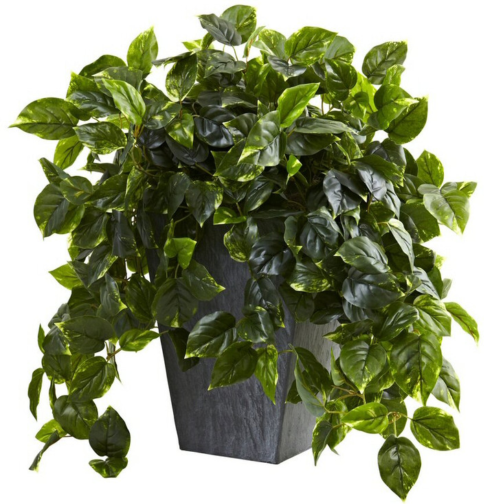 Hanging Pothos Silk Plant w/ Slate Planter UV Resistant Indoor Outdoor