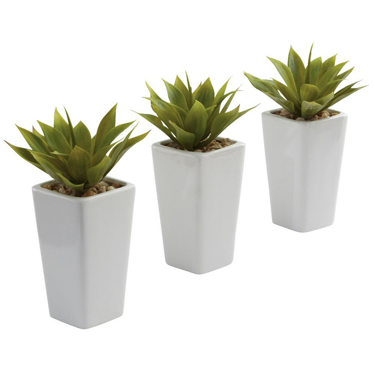 Mini Agave Silk Plant with Planter, Set of 3 White