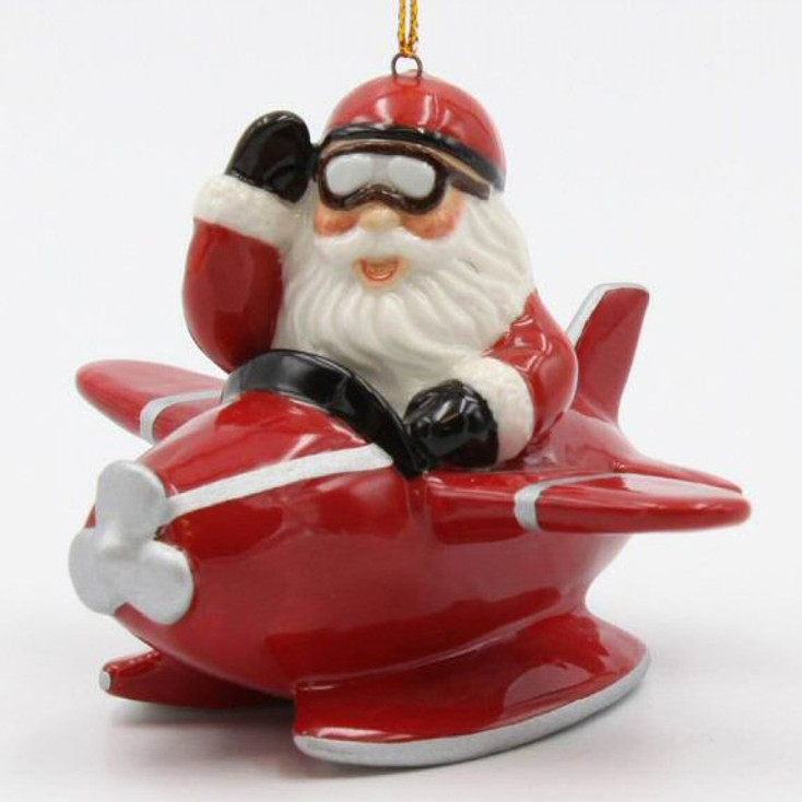 Santa Flying in a Red Airplane Christmas Tree Ornaments, Set of 4