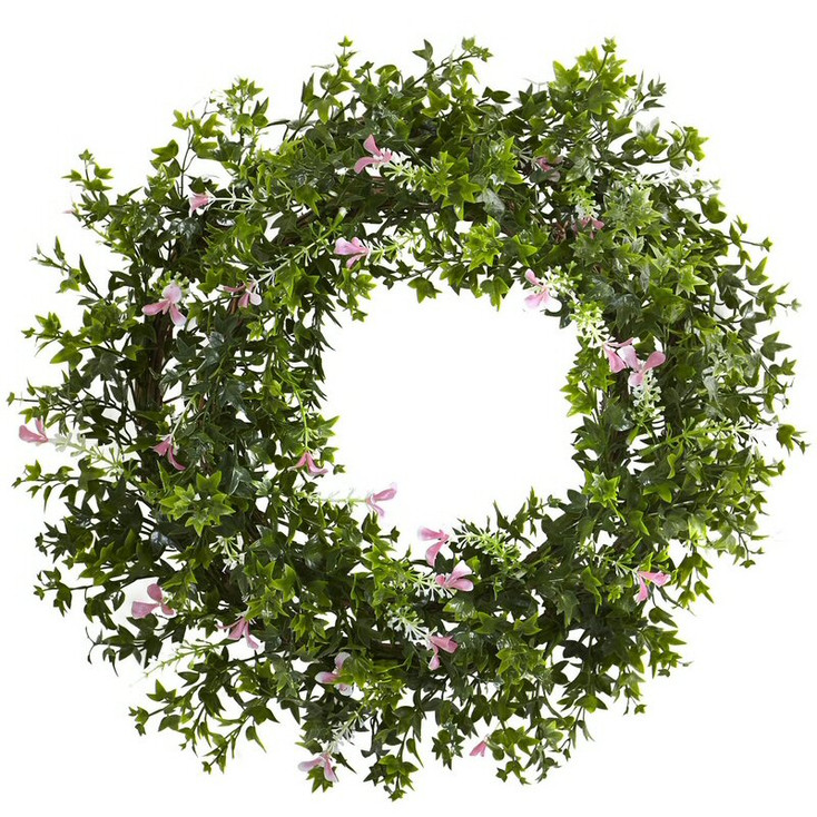 18" Mini Ivy and Floral Double Ring Silk Wreath with Twig Base
