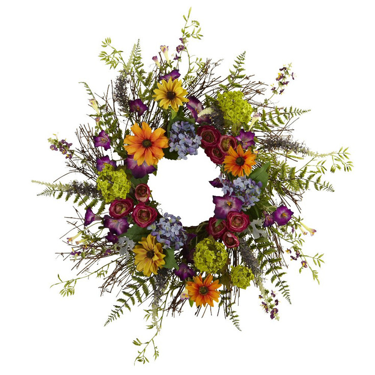 24" Spring Garden Silk Wreath with Twig Base
