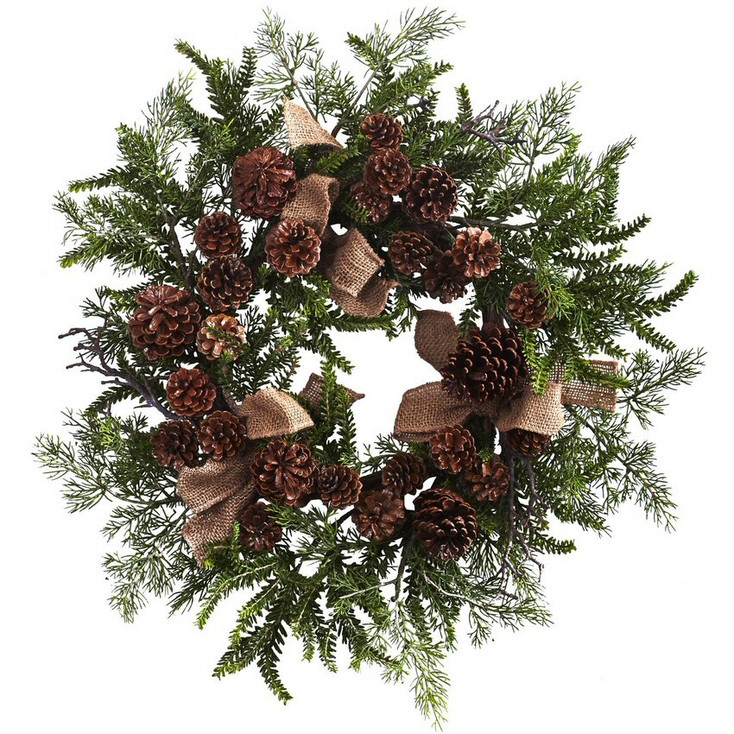24" Pine and Pine Cone Silk Wreath with Burlap Bows