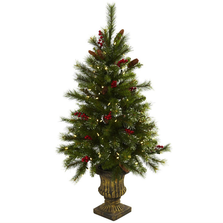 4' Artificial Christmas Tree w/Berries, Pine Cones, LED Lights & Urn