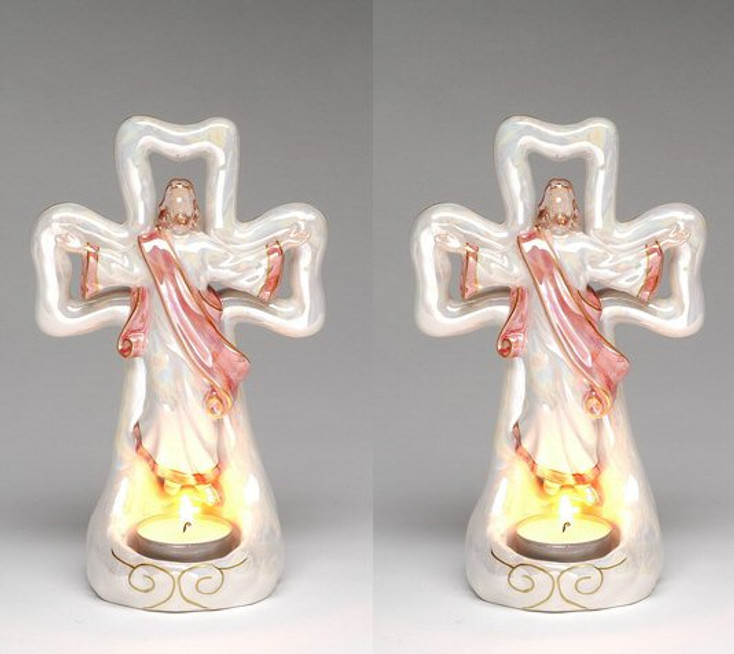 Calvary Cross Porcelain Tea Light Candle Holder, Set of 2