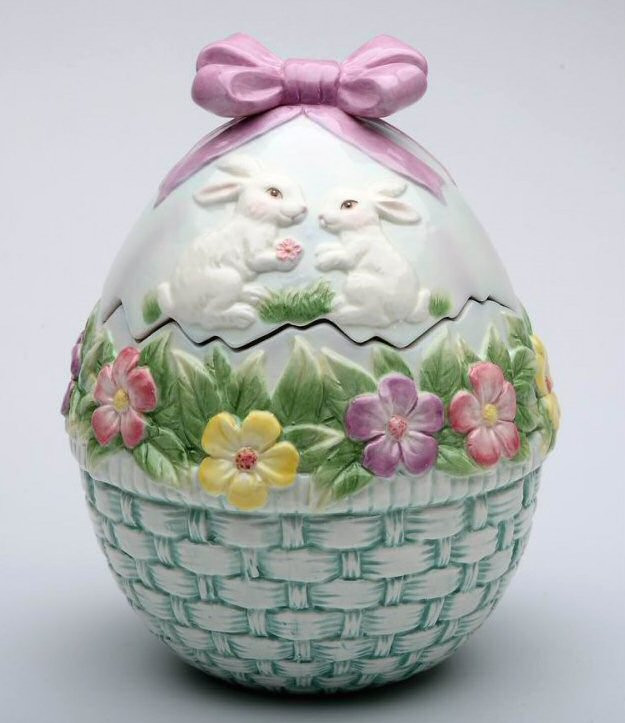 Egg Shaped Cookie Jar with Bunny Rabbits