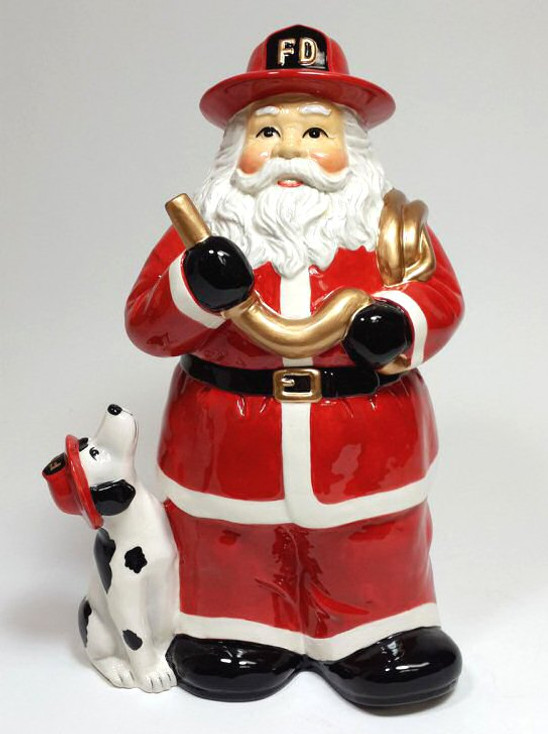 Fire Fighter Santa with His Dog Porcelain Cookie Jar