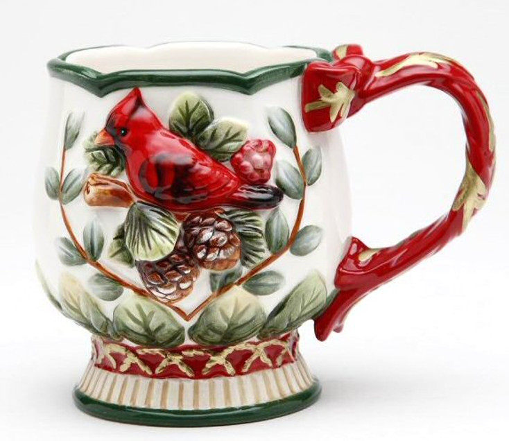 Evergreen Holiday Porcelain Mugs with Cardinal & Pine Cones, Set of 4
