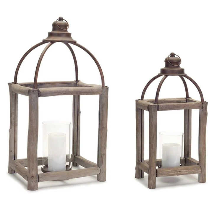 Driftwood and Metal Candle Lanterns, Set of 2
