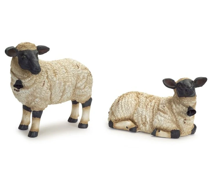 Sheep Sculptures with Bells Around Their Necks, Set of 2