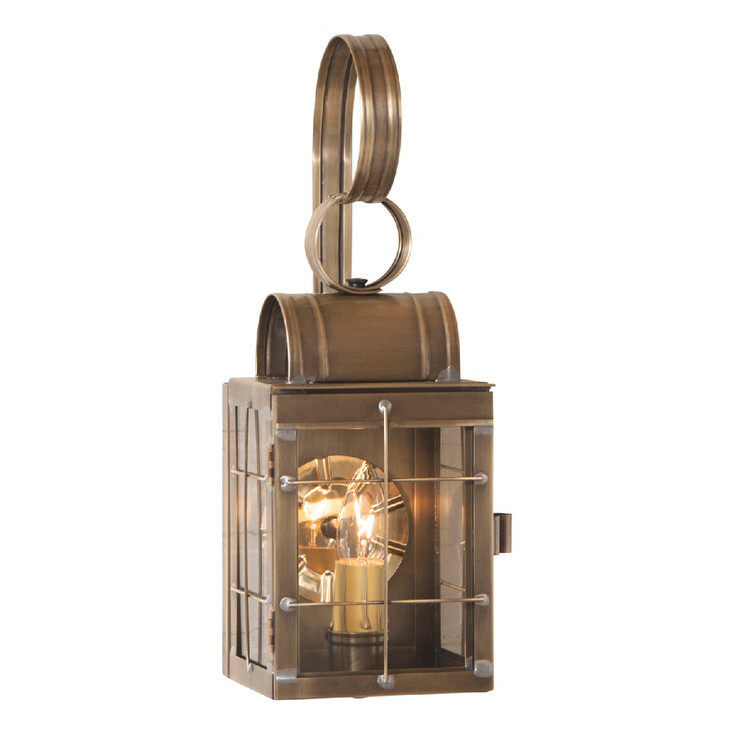 Single Solid Weathered Brass and Glass Electric Wall Lantern