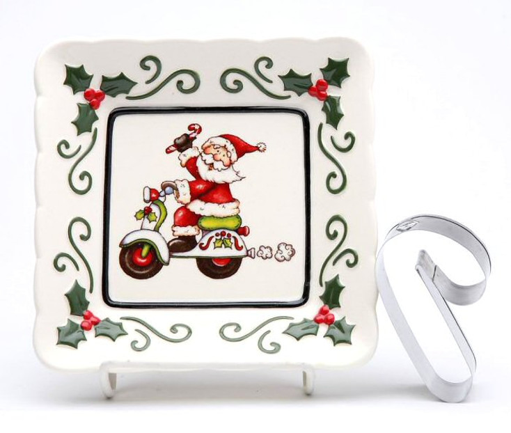 Santa Driving Scooter Plates with Cookie Cutter by L Furnell, Set of 3