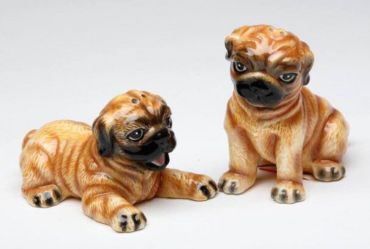 Cute Pug Dogs Porcelain Salt and Pepper Shakers, Set of 4