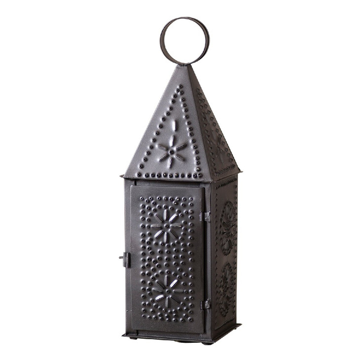 Smokey Black Steeple Chisel Pierced Tin Candle Lanterns, Set of 2