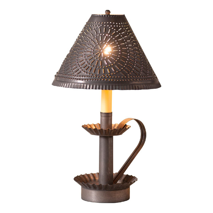 16.5" Blackened Tin Plantation Electric Candlestick Lamp with Punched Chisel Pierced Tin Shade