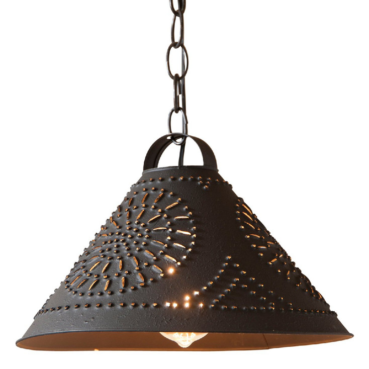 Textured Black Hitchcock Shade Punched Chisel Pierced Tin Pendant Light