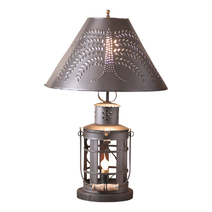 Smokey Black Innkeeper's Metal Table Lamp with Punched Chisel Pierced Tin Shade