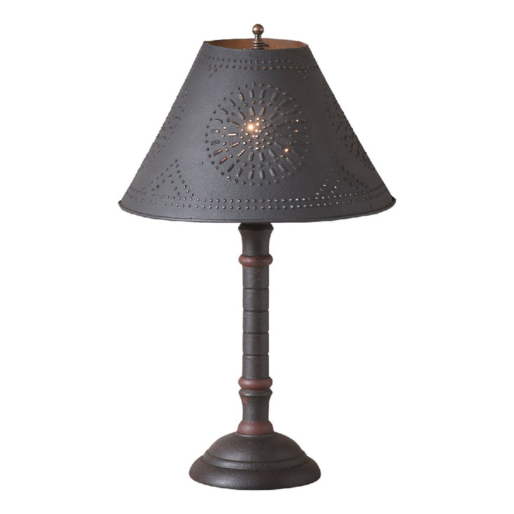 Hartford Black over Red with Red Stripe Gatlin Wood Table Lamp with Punched Chisel Pierced Tin Shade