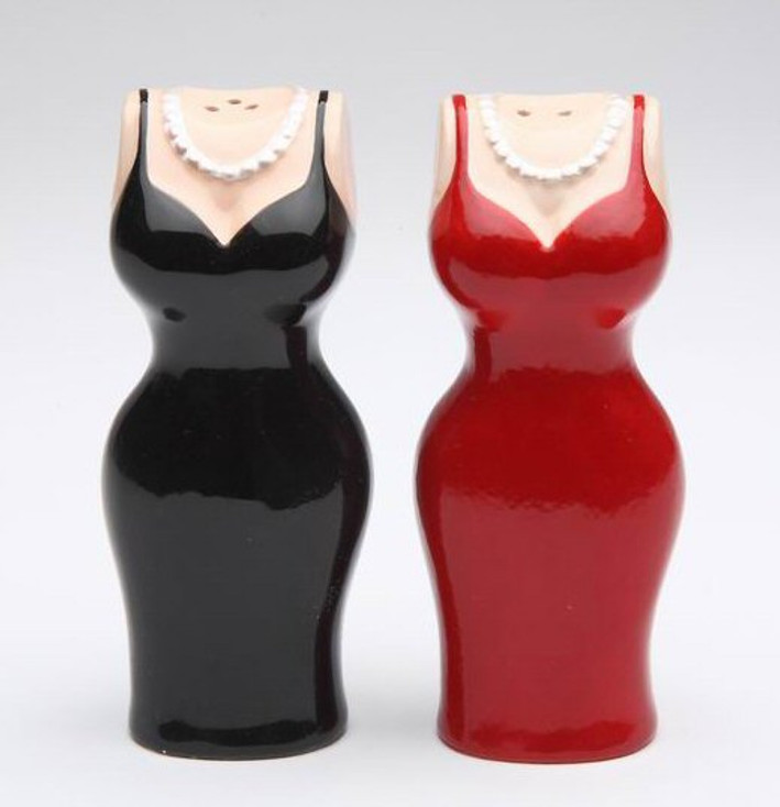 Black and Red Dress Ceramic Salt and Pepper Shakers by Babs, Set of 4