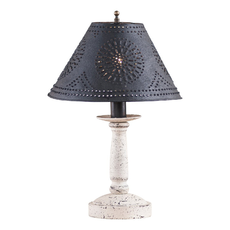 Americana White Butcher's Wood Table Lamp with Punched Chisel Pierced Tin Shade