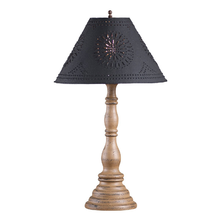 Americana Pearwood Davenport Wood Table Lamp with Punched Chisel Pierced Tin Shade