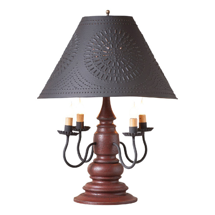 Americana Plantation Red Harrison Wood and Metal Table Lamp with Punched Chisel Pierced Tin Shade