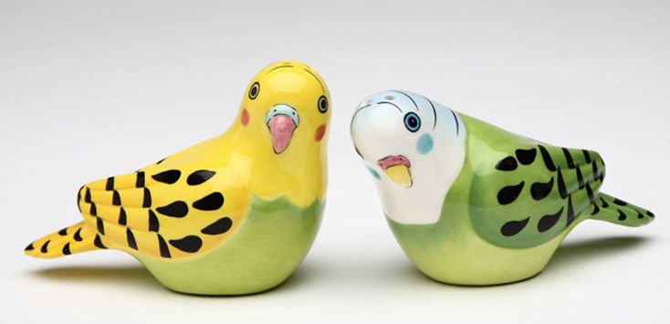 Yellow & Green Parakeet Bird Salt and Pepper Shakers by Babs, Set of 4