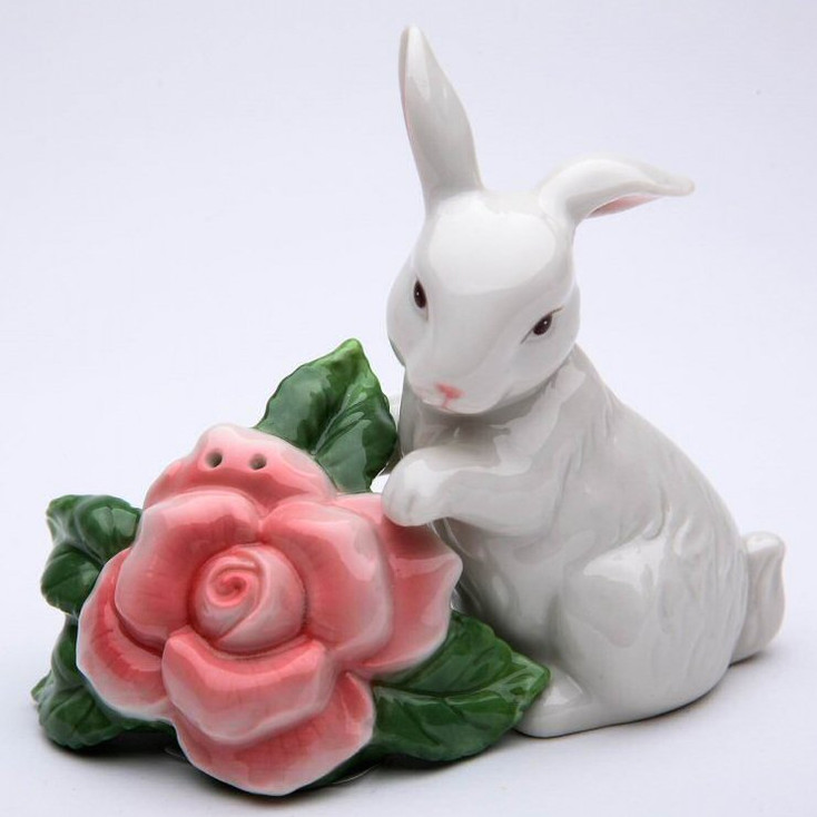 Bunny Rabbit with Rose Flower Salt and Pepper Shakers, Set of 4