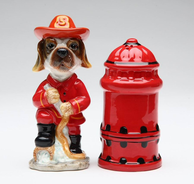 Fire Fighter Dog Ceramic Salt and Pepper Shakers, Set of 4
