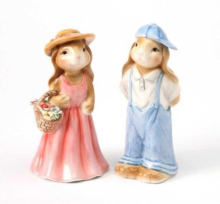 Two Bunny Rabbits Ceramic Salt and Pepper Shakers, Set of 4