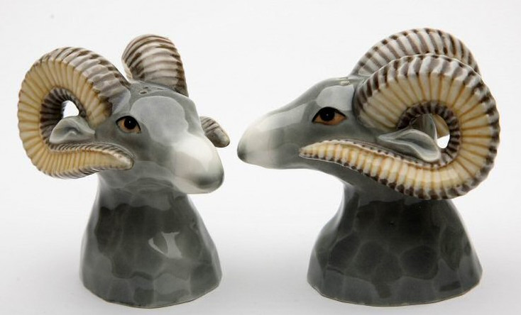 Ram Sheep Porcelain Salt and Pepper Shakers, Set of 4