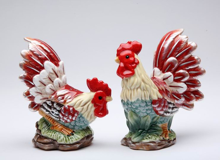 Two Roosters Ceramic Salt and Pepper Shakers, Set of 4