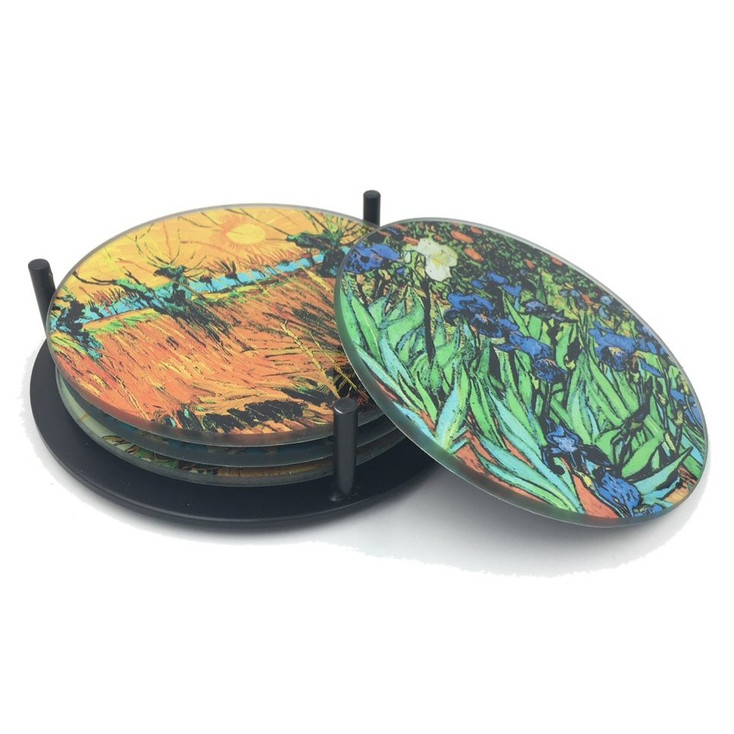Van Gogh Paintings Glass Drink Coasters w/ Metal Holder, Set of 4