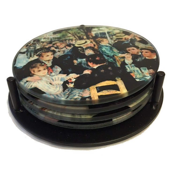 Renoir Paintings Glass Drink Coasters w/ Metal Holder, Set of 4