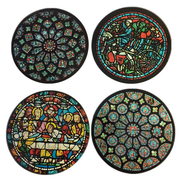 Chartres Cathedral Windows Glass Drink Coasters with Metal Holder, Set of 4