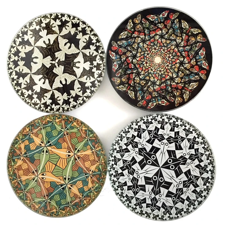 Escher Tessellations Circles Geometric Glass Drink Coasters with Metal Holder, Set of 4