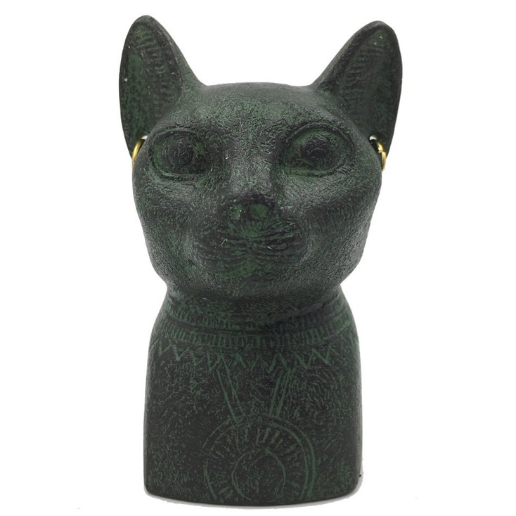 Small Egyptian Bastet Cat Bust with Earrings and Solar Disc Statue
