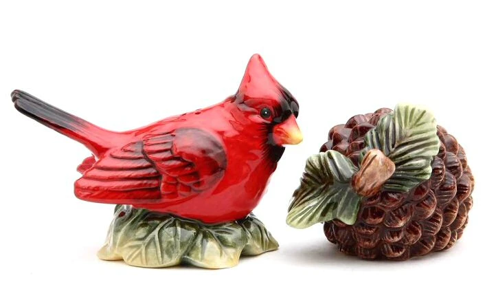 Evergreen Holiday Salt & Pepper Shakers with Cardinal and Pinecone
